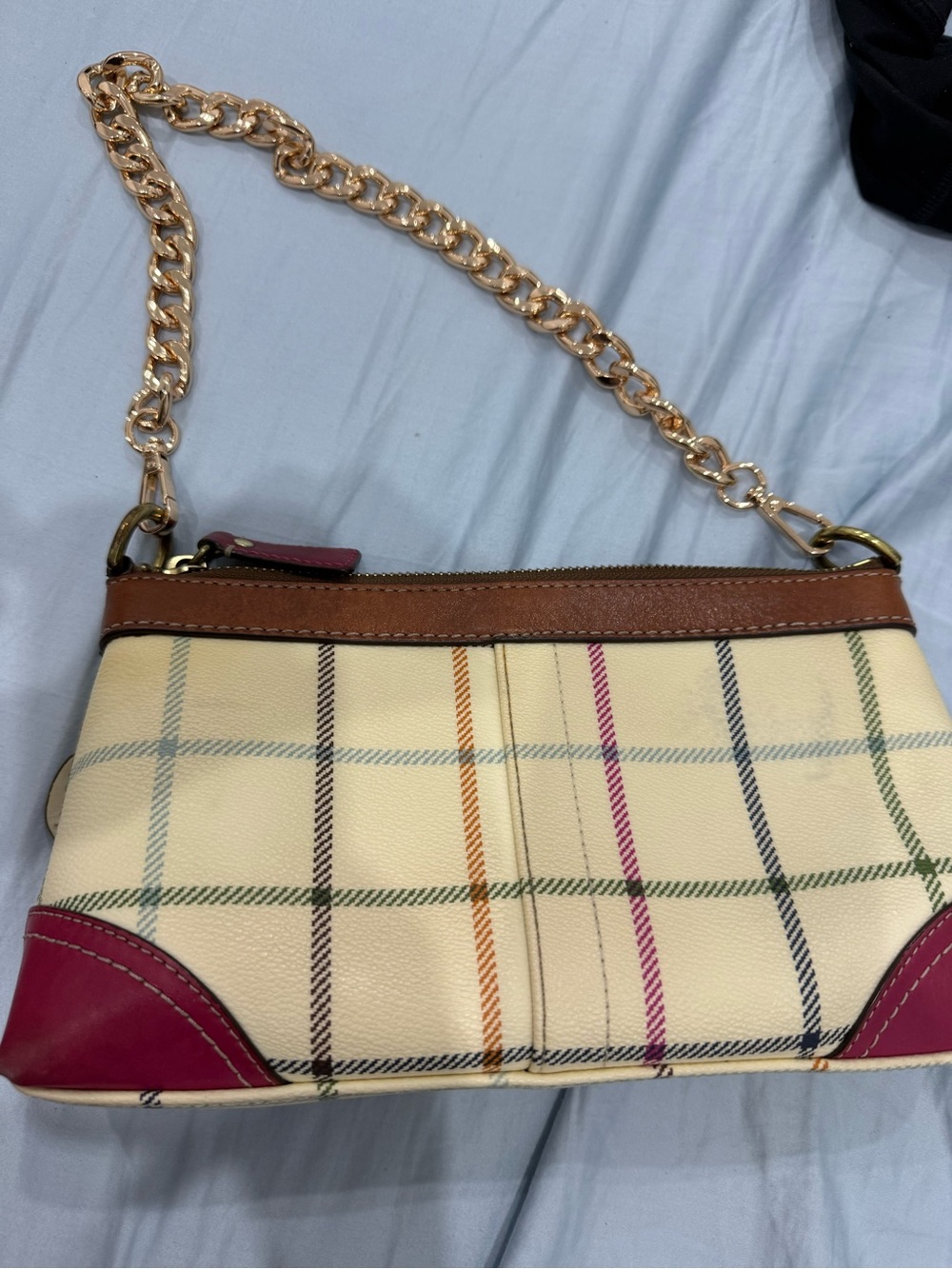 Coach Cream Plaid Chain Wristlet with Pink Corner Accents